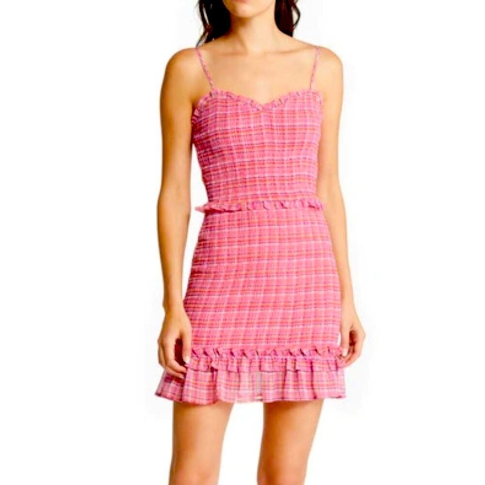 Koko + Mason Plaid Smocked Mini Dress Size Small Ruffle Pink Multi Prep Gingham